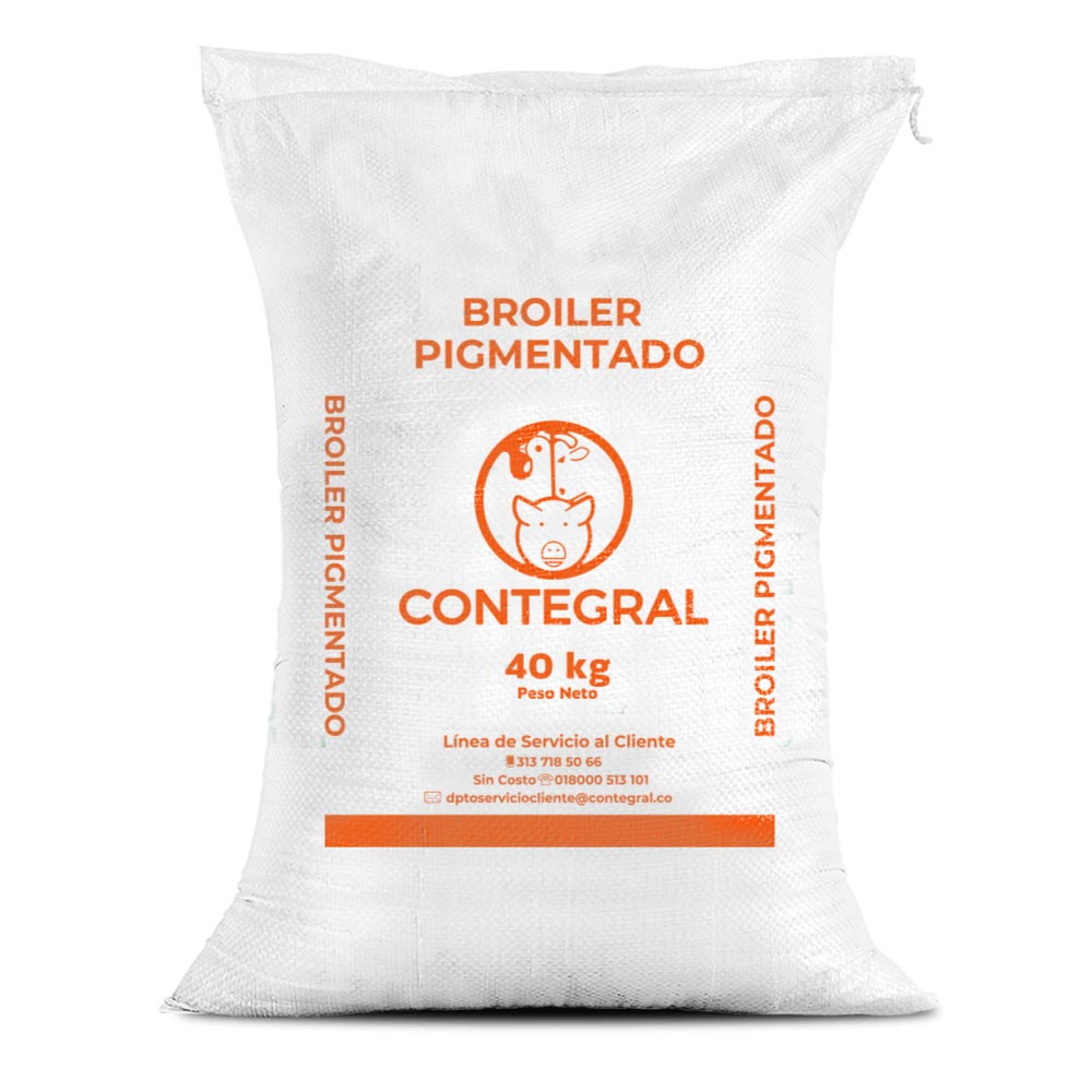 Bulto de Contegral Broiler Pigmentado, alimento para aves, distribuido por Nutricampo en Nariño, Cauca y Valle del Cauca