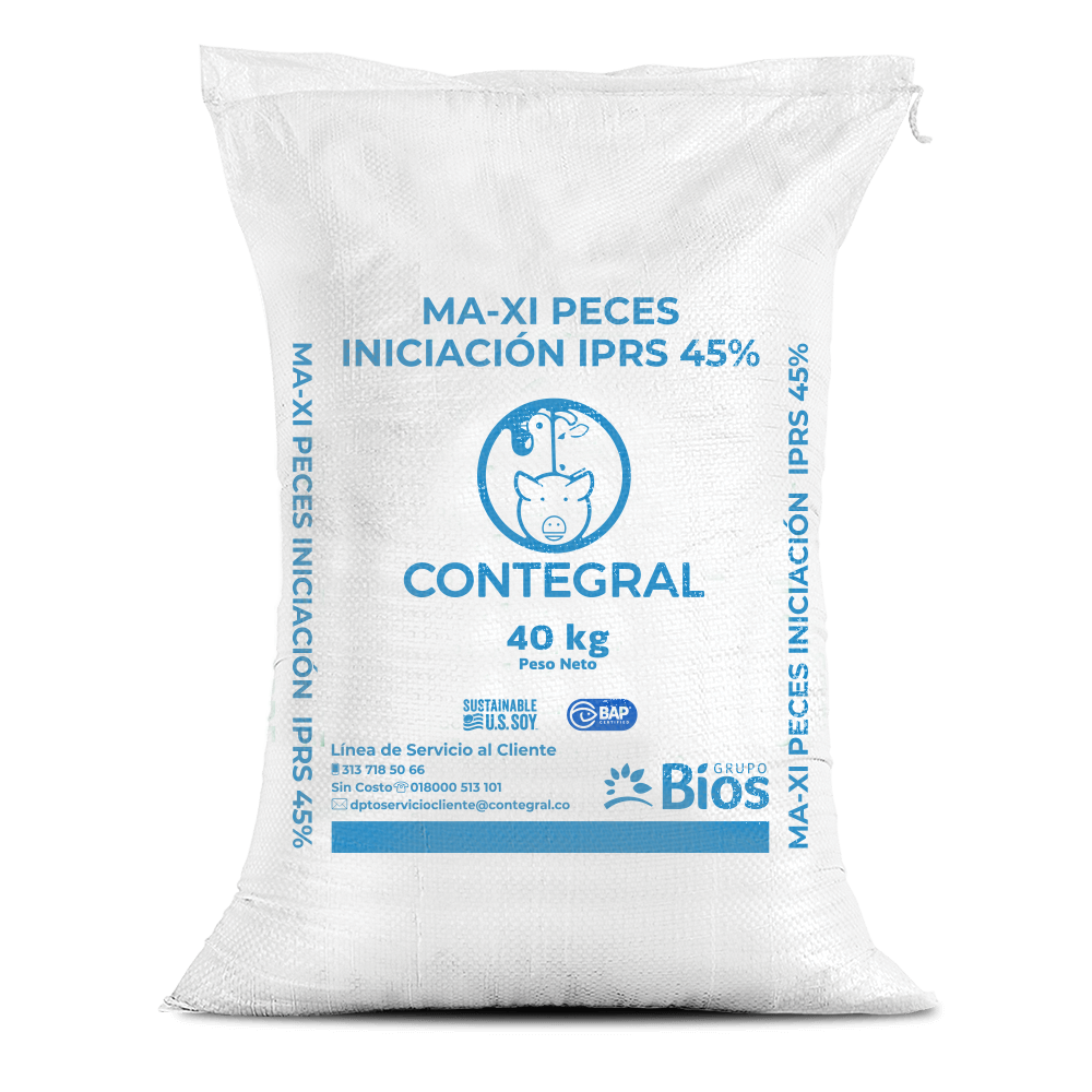 Bulto de Contegral Ma-Xi Peces Iniciación IPRS 45%, distribuido por Nutricampo en Nariño, Cauca y Valle del Cauca