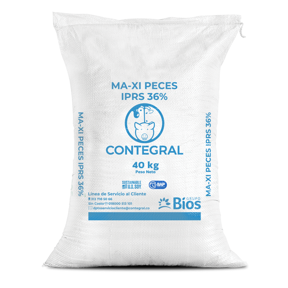 Bulto de Contegral Ma-Xi Peces IPRS 36%, distribuido por Nutricampo en Nariño, Cauca y Valle del Cauca
