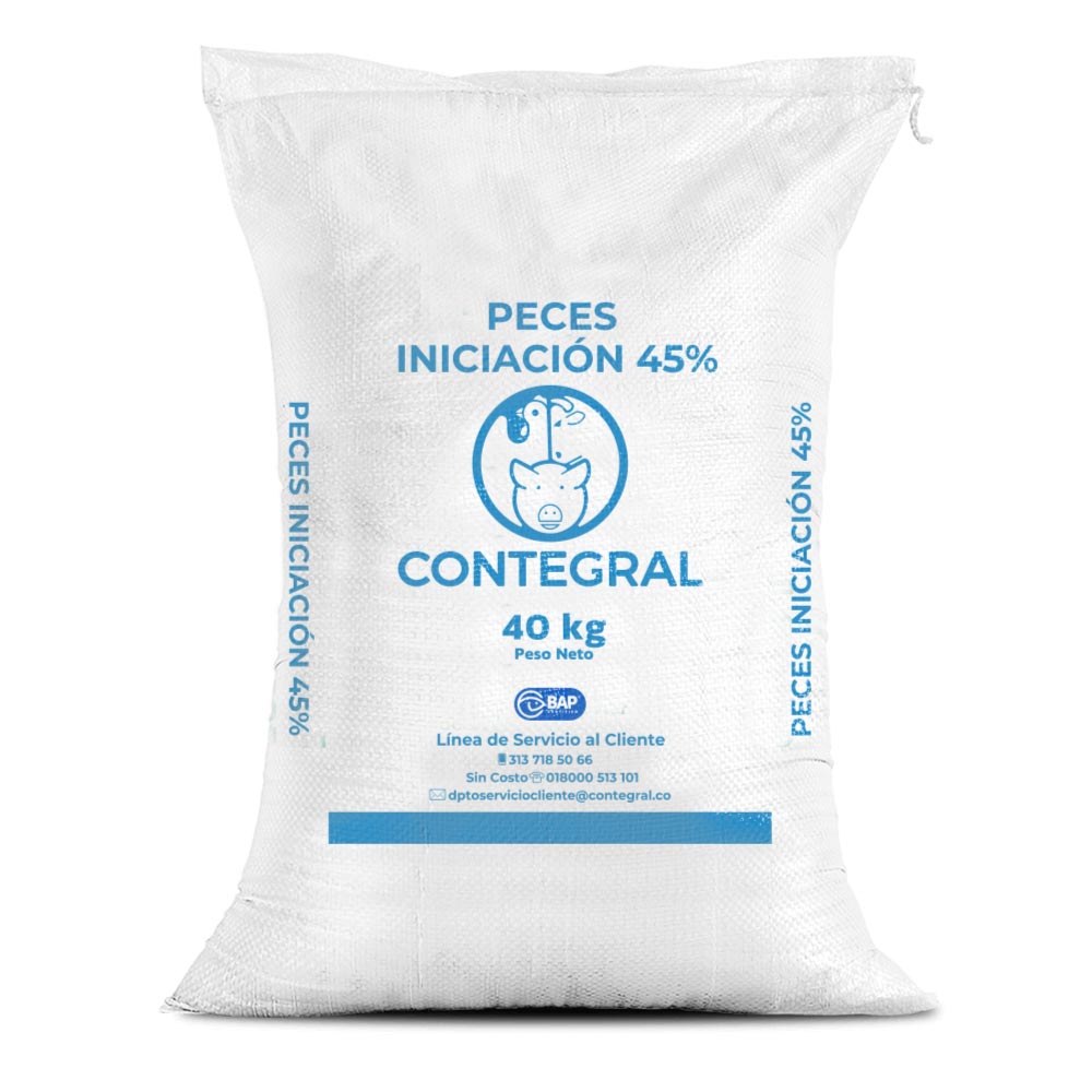 Bulto de Contegral Peces Iniciación 45%, distribuido por Nutricampo en Nariño, Cauca y Valle del Cauca