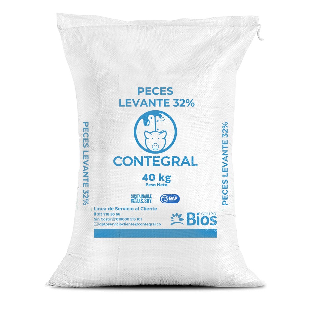 Bulto de Contegral Peces Levante 32%, distribuido por Nutricampo en Nariño, Cauca y Valle del Cauca