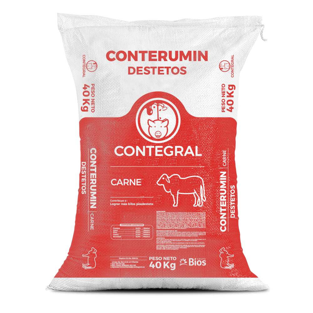 Bulto de Conterumin Destetos Carne Contegral de 40 kg, distribuido por Nutricampo en Nariño, Cauca y Valle del Cauca