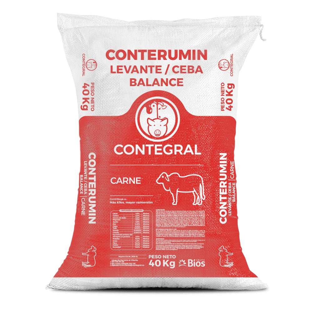 Bulto de Conterumin Levante/Ceba Balance Carne Contegral de 40 kg, distribuido por Nutricampo en Nariño, Cauca y Valle del Cauca
