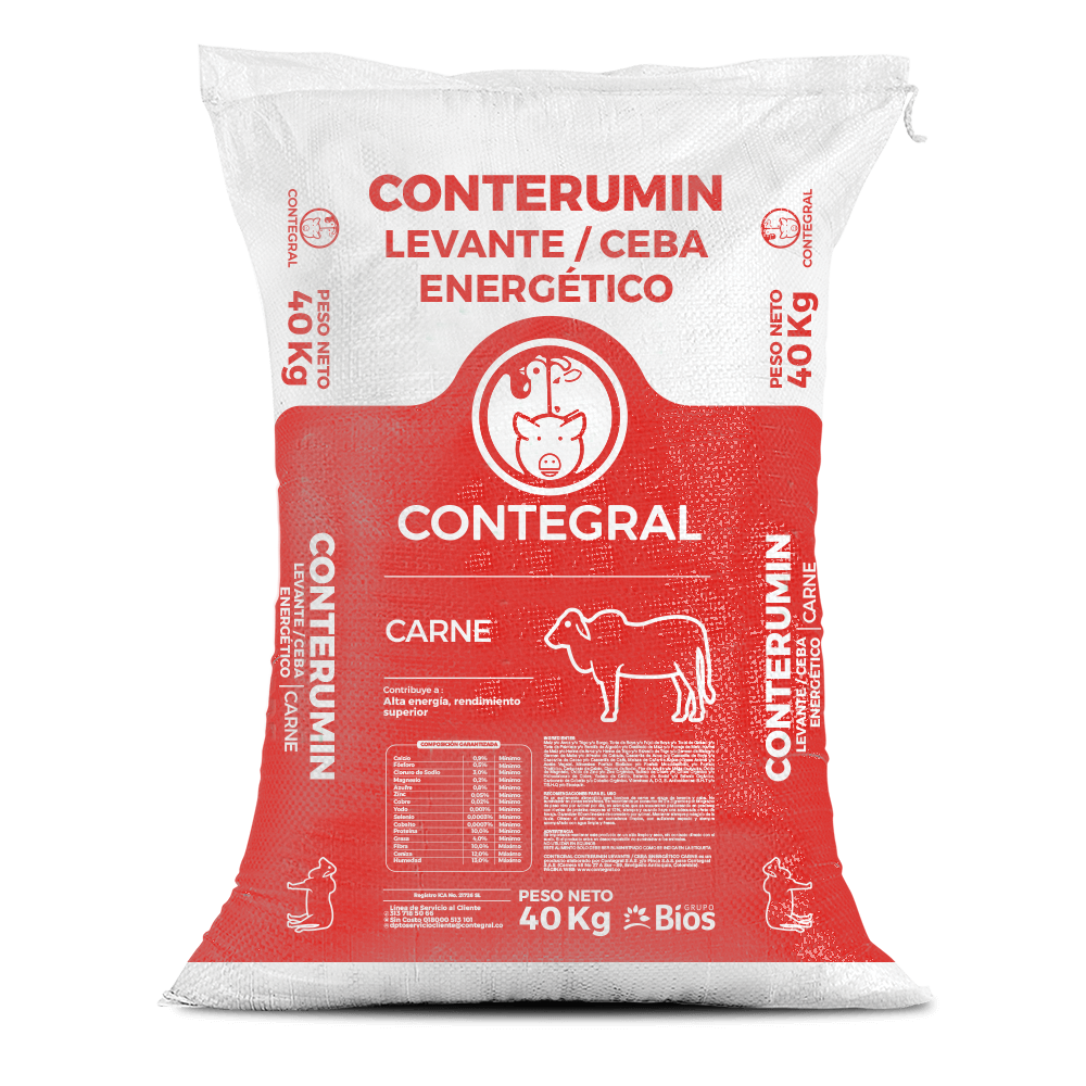 Bulto de Conterumin Levante/Ceba Energético Carne Contegral de 40 kg, distribuido por Nutricampo en Nariño, Cauca y Valle del Cauca