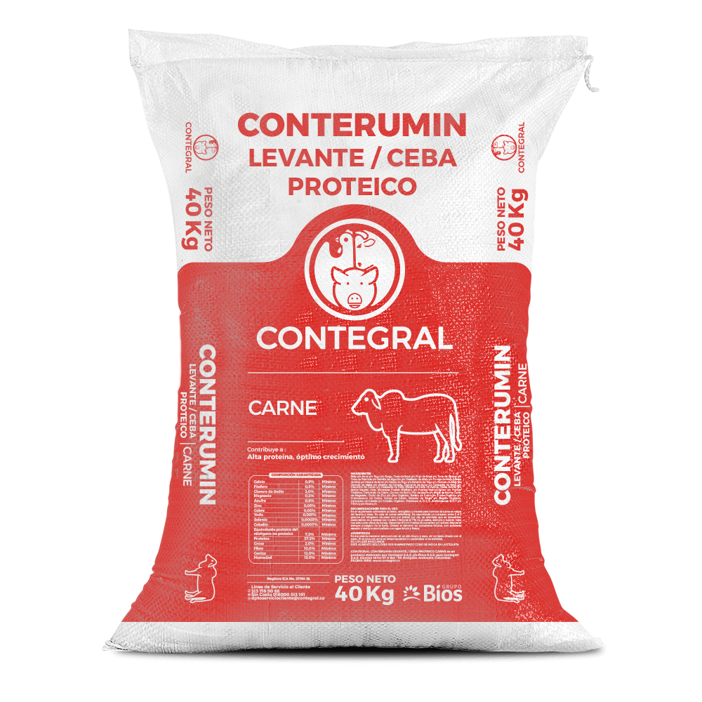 Bulto de Conterumin Levante/Ceba Proteico Carne Contegral de 40 kg, distribuido por Nutricampo en Nariño, Cauca y Valle del Cauca