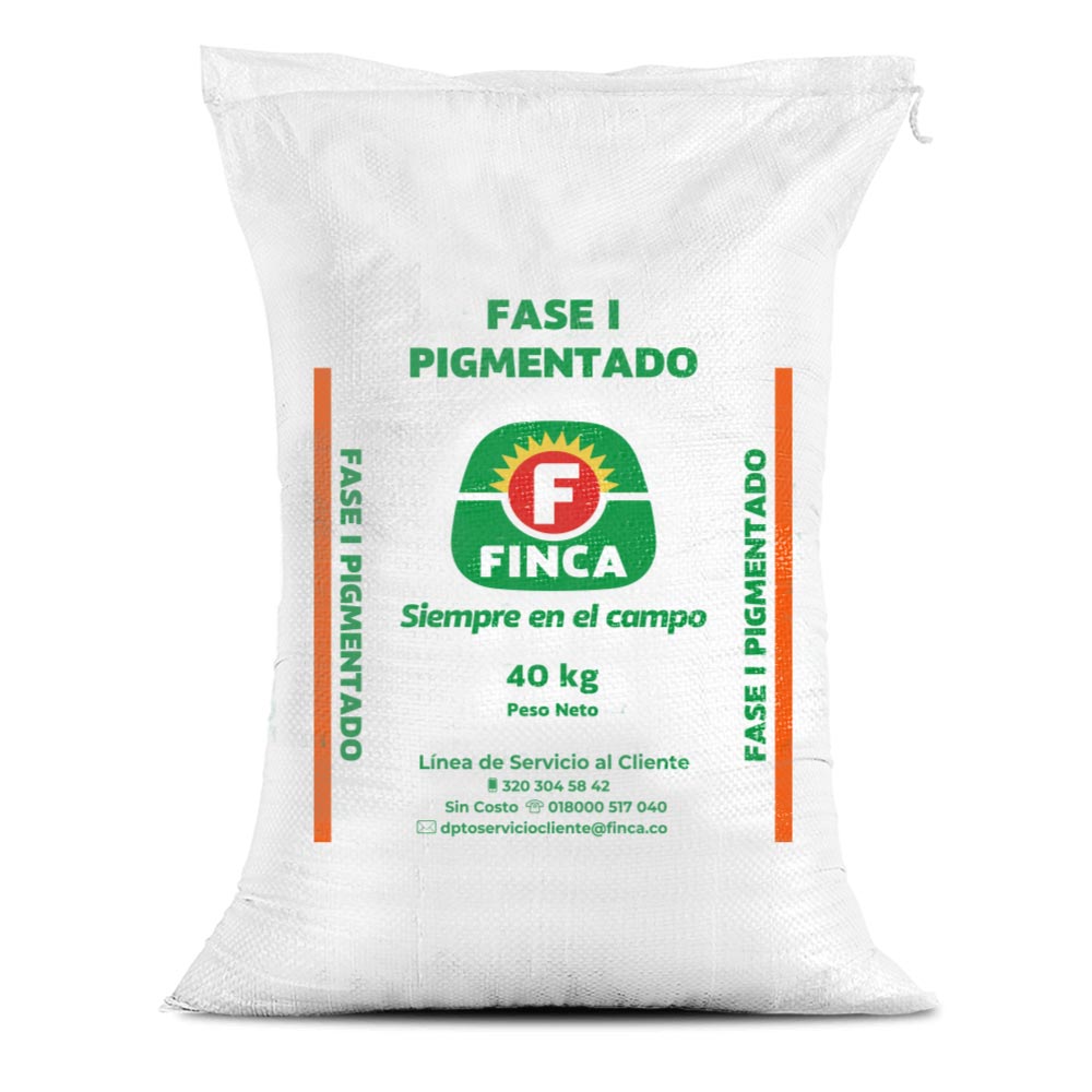 Bulto de Finca Fase I Pigmentado de 40 kg, concentrado para gallinas ponedoras con pigmentación de yema, distribuido por Nutricampo en Nariño, Cauca y Valle del Cauca