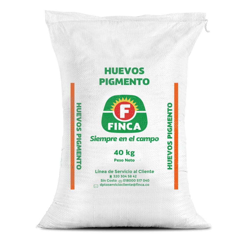 Bulto de Finca Huevos Pigmento de 40 kg, concentrado para gallinas ponedoras con pigmentación de yema, distribuido por Nutricampo en Nariño, Cauca y Valle del Cauca