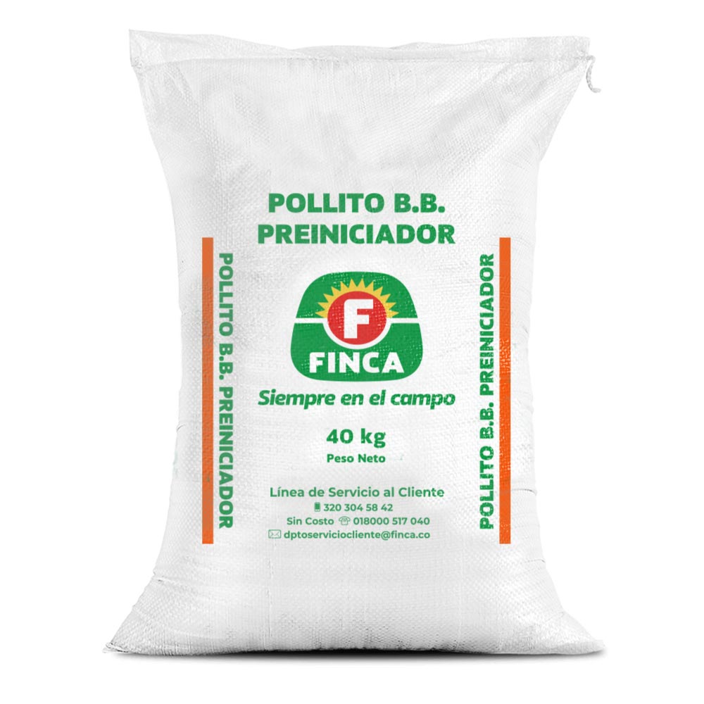 Bulto de Finca Pollitos BB Preiniciador de 40 kg, concentrado de arranque para pollos de engorde, distribuido por Nutricampo en Nariño, Cauca y Valle del Cauca