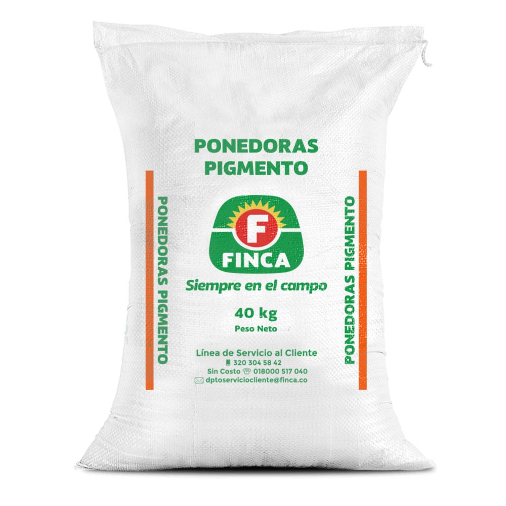 Bulto de Finca Ponedoras Pigmento de 40 kg, concentrado para gallinas ponedoras con pigmentación de yema, distribuido por Nutricampo en Nariño, Cauca y Valle del Cauca