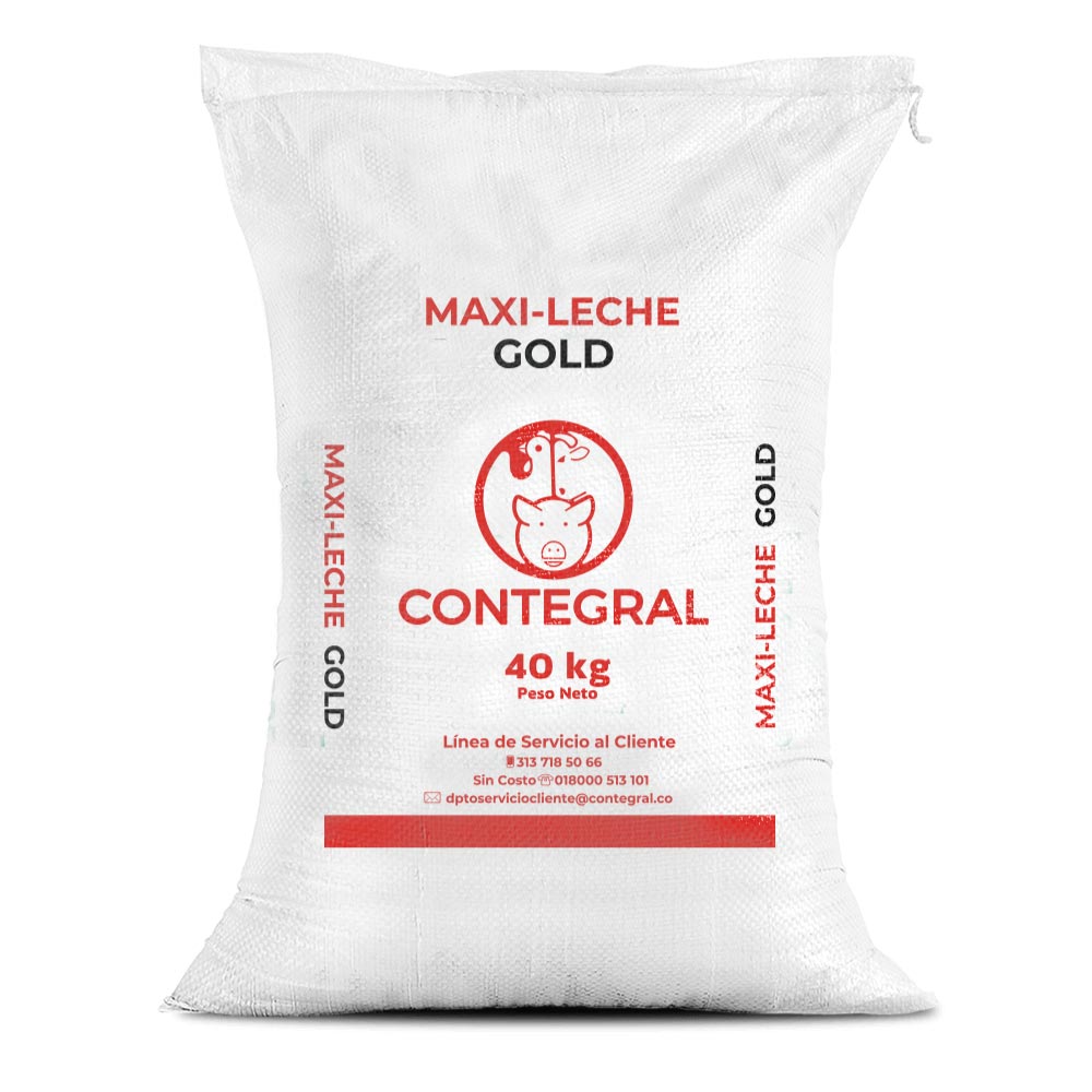 Bulto de Maxi Leche Gold Contegral de 40 kg, concentrado para vacas lecheras de trópico medio y alto, distribuido por Nutricampo en Nariño, Cauca y Valle del Cauca