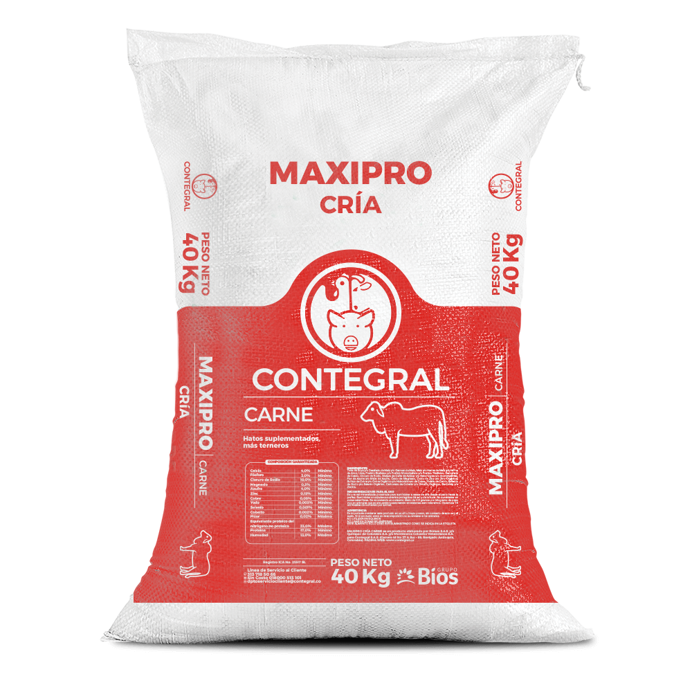 Bulto de Maxipro Cría Carne Contegral de 40 kg, sal proteinada para vacas de cría, distribuido por Nutricampo en Nariño, Cauca y Valle del Cauca