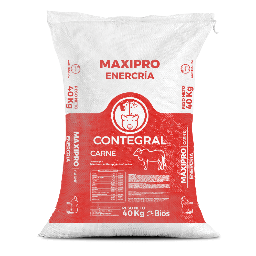 Bulto de Maxipro Enercría Carne Contegral de 40 kg, sal proteinada y energizada, distribuido por Nutricampo en Nariño, Cauca y Valle del Cauca