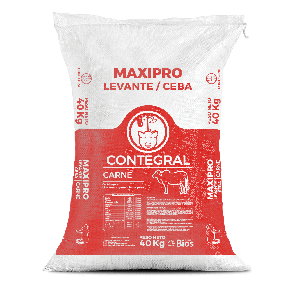 Bulto de Maxipro Levante/Ceba Carne Contegral de 40 kg, sal proteinada, distribuido por Nutricampo en Nariño, Cauca y Valle del Cauca