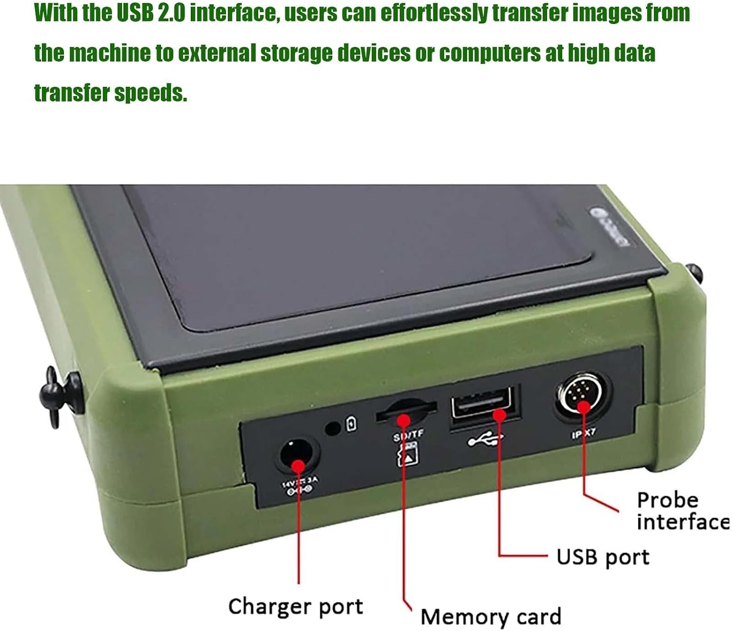 Puertos del ecógrafo Dawei S0: carga, tarjeta de memoria, USB y conector de sonda, distribuido por Nutricampo en Nariño, Cauca y Valle del Cauca