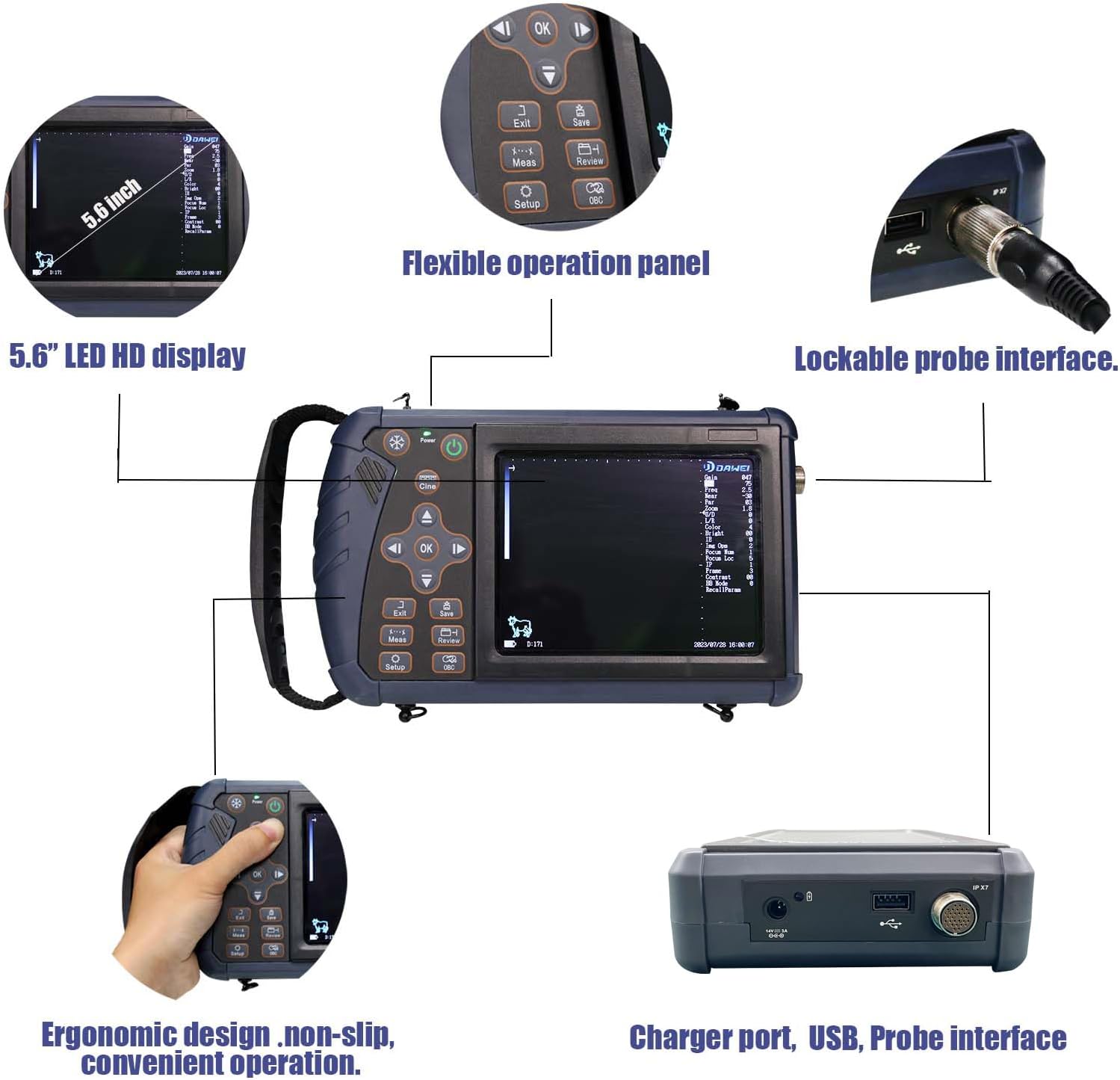 Ecógrafo Dawei S1: pantalla LED de 5,6 pulgadas, panel de control, conector de sonda y puertos, distribuido por Nutricampo en Nariño, Cauca y Valle del Cauca