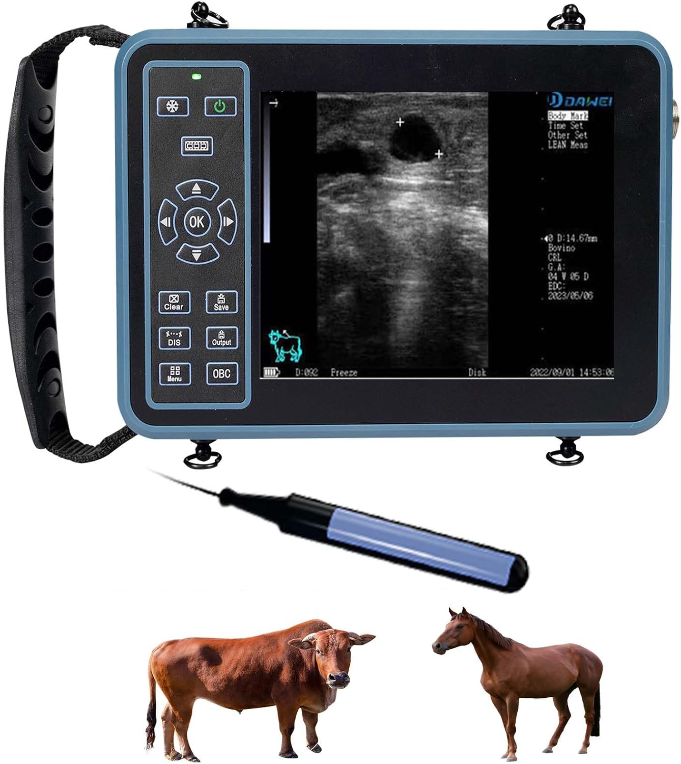 Ecógrafo veterinario portátil Dawei E1 con sonda rectal lineal de 6,5 MHz para bovinos y equinos, distribuido por Nutricampo en Nariño, Cauca y Valle del Cauca