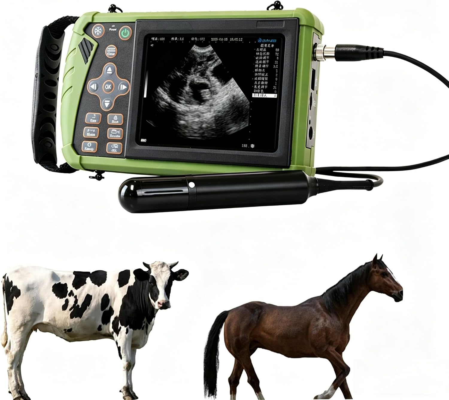 Ecógrafo veterinario portátil Dawei S0 con sonda rectal de 3,5 MHz para bovinos y equinos, distribuido por Nutricampo en Nariño, Cauca y Valle del Cauca