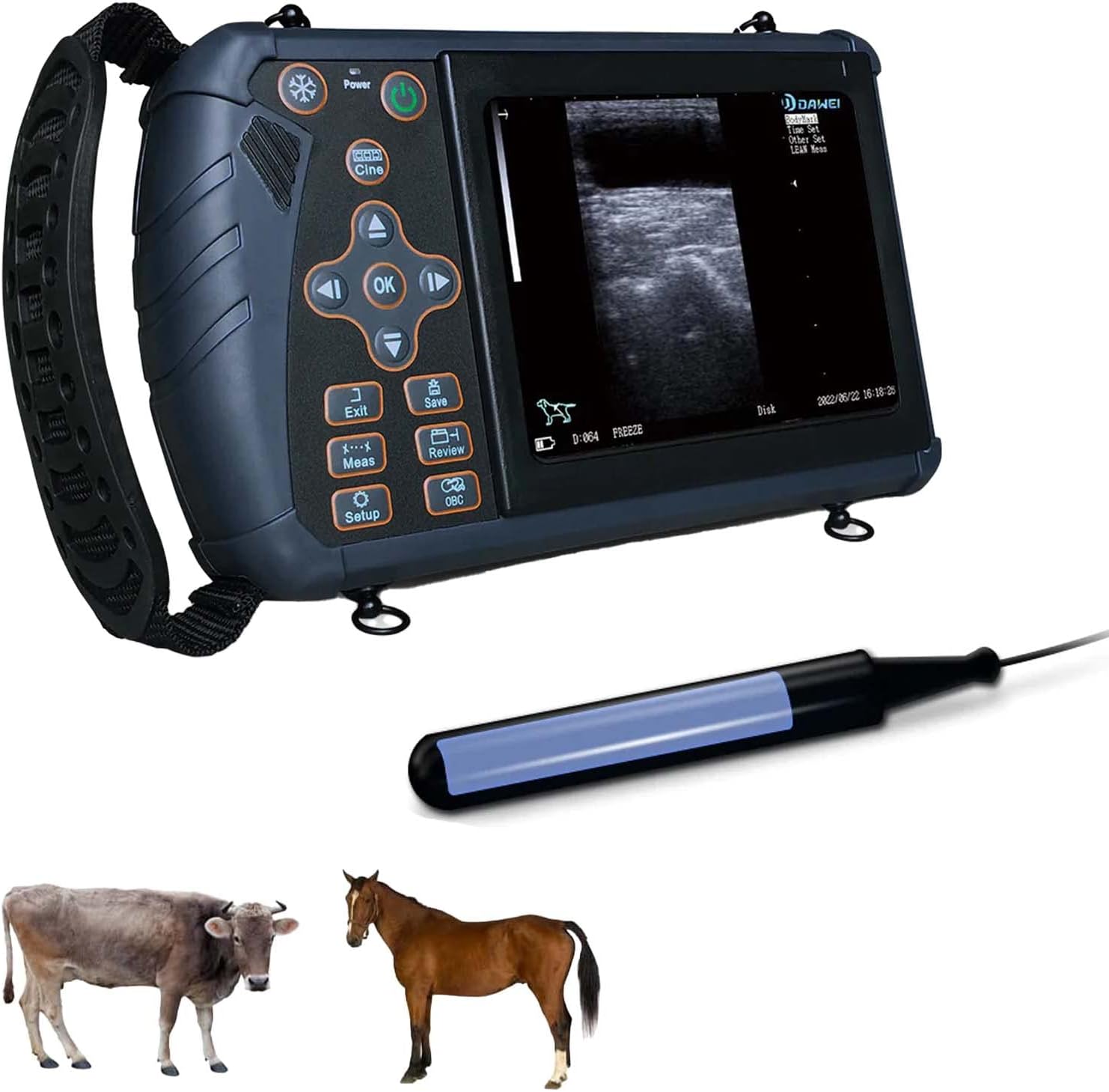 Ecógrafo veterinario portátil Dawei S1 con sonda rectal de 7,5 MHz para bovinos y equinos, distribuido por Nutricampo en Nariño, Cauca y Valle del Cauca